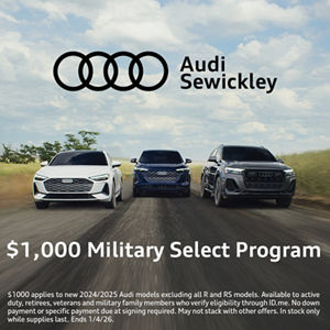 Image of three Audi models facing the camera on the road. Text describes $1000 savings for eligible military members.